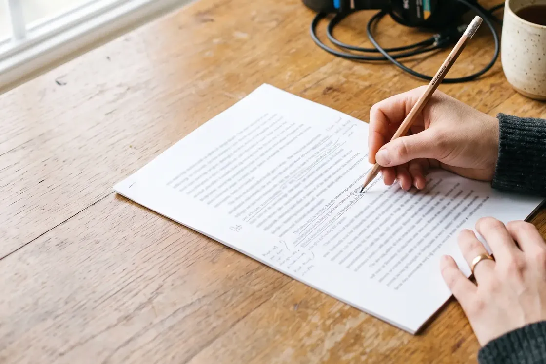 Hands marking a printed page with a pencil beside headphones on a wooden desk